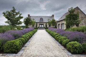 A serene lavender path gracefully guides the way to a charming stone house, beautifully encircled by lush green trees and vibrant plants, all under a blanket of clouds in a picturesque rural landscape