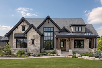 Modern house with stone and wood details in a suburban neighborhood surrounded by greenery on a sunny day with clear skies
