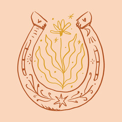 The coquette aesthetic pink lucky horseshoe with mystical folk art floral elements vector hand drawn illustration. Modern folk patterned image inspired by groovy hippie vibe and nursery dry brush