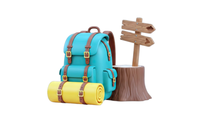 Camping Backpack and Signpost on Stump - Adventure Concept