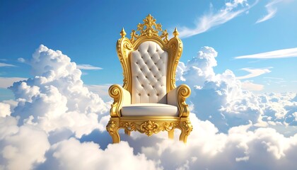 Ornate golden throne sits atop fluffy white clouds against a bright blue sky, creating a surreal, heavenly scene