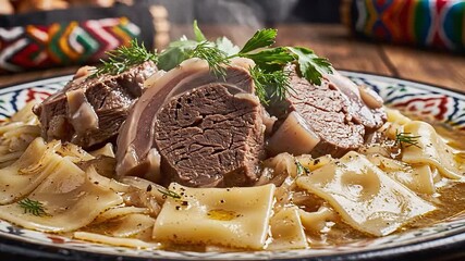 A closeup shot of a hearty and delicious traditional Central Asian dish featuring tender slowcooked lamb or beef served atop wide flat pasta noodles garnished with fresh green herbs on a beautifully .