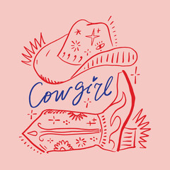 Boho red pink cowgirl patterned hat and boot, funky groovy hippie cowgirl or cowboy concept lettering clip-art. Vector illustration EPS.