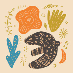 Modern boho ornate rural folk vibe Xmas blue bird on warm background. Rustic Scandinavian naive style print for interior, clothing and other. Scandi pastel colors nordic palette. Hygge folk motifs