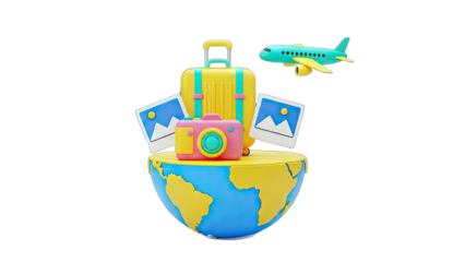 Travel Concept with Suitcase, Camera, Airplane, and Globe