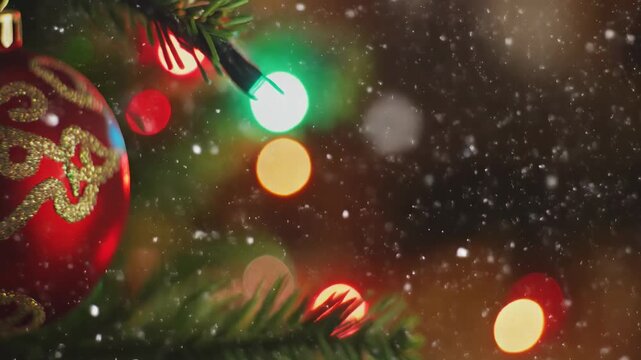 Close up of a red bauble with a golden pattern on a christmas tree with glowing lights. Magical winter holiday background with falling snow and beautiful bokeh