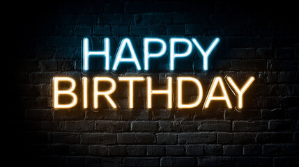 Obraz premium Celebrate birthday with bright neon display on dark wall