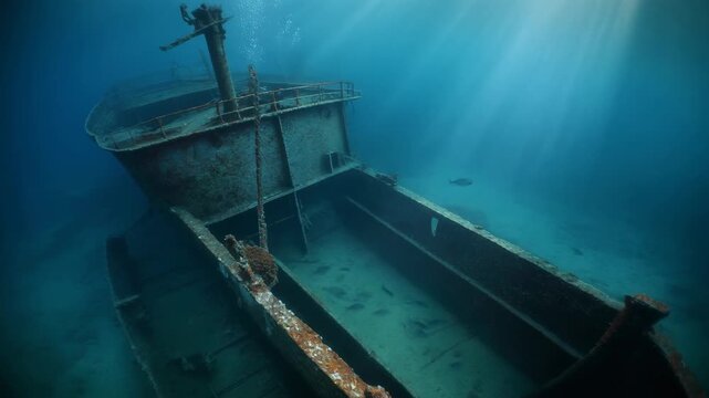 A mysterious shipwreck rests on the sandy seabed as beautiful sun rays illuminate the deep blue ocean. Scuba diving exploration of a historic sunken vessel and maritime relic