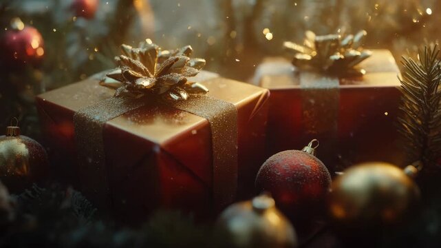 The video depicts a festive Christmas scene with wrapped presents and shimmering baubles around them.