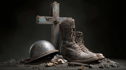 Military boots and helmet near a cross on a dark surface