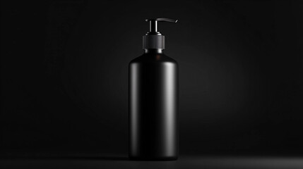 Black bottle with pump top on dark background for product display
