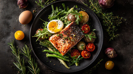 Fresh salmon dish with vegetables and a cooked egg on plate
