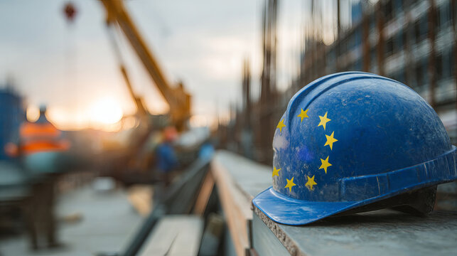 Construction worker helmet with European Union flag at building site.