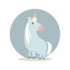 Cute Unicorn Illustration on Blue Circle, Minimalist Design