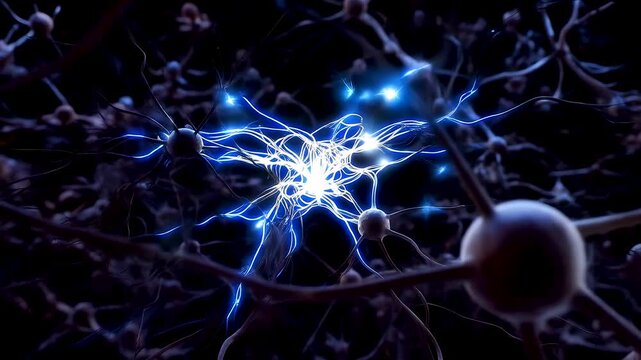 Neural network spark ignites across connected brain cells forming a glowing filament shape as golden energy bursts through the dark cortex