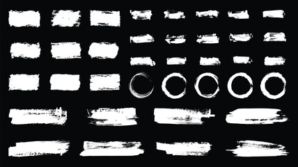 White grunge post brush, circles and rectangles. Blank shapes. Banners, insignias, logos, icons, labels and badges collection.