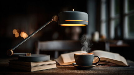 Steaming coffee cup with desk lamp and open book in cozy setting.