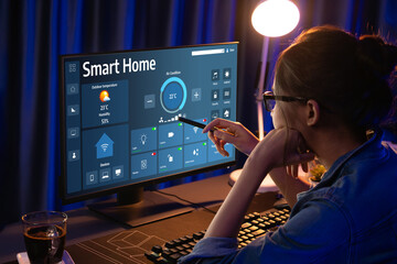 Smart home technology, centric remote control system with digital dashboard for air conditioning, safety security network or house automation. App software, ui panel programming IOT monitor brisk