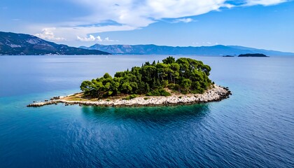 Islet covered in trees surrounded by the ocean, with mountains on the distant horizon under a blue sky