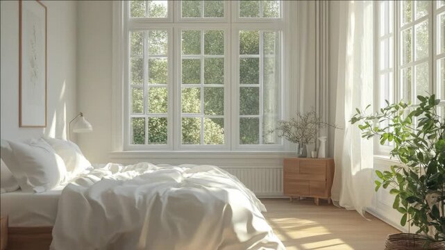 A serene and inviting bedroom space with large windows that let in sunlight, white sheets on a neatly made bed, wooden furniture, potted plants, and an overall cozy atmosphere.