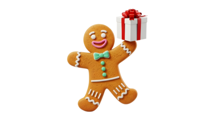 Christmas Gingerbread Man 3D render with green bow tie holding a white gift box with red bow, isolated