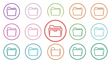 Many colorful outline vector file folders, each in a thin circle, displayed in rows on a white background