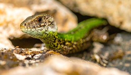 Obraz premium Green lizard peers out from a rocky nook, sunlit head and mottled scales visible