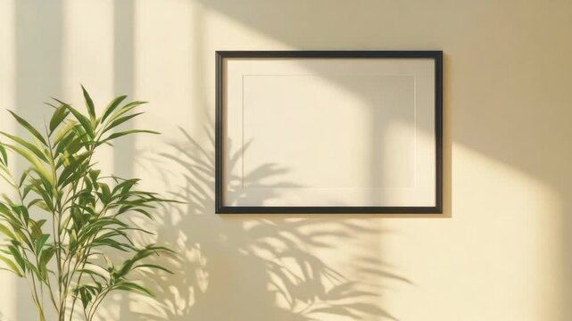 Interior design of living room with modern minimalist art frame and natural light