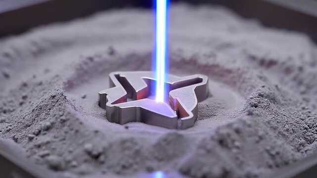 Macro view of laser melting metal powder to build a solid part layer by layer with flying sparks during precision industrial fabrication