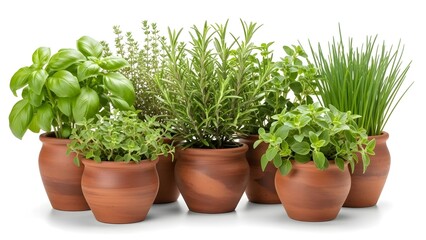 A collection of herbs thriving in terracotta pots, ready to be enjoyed