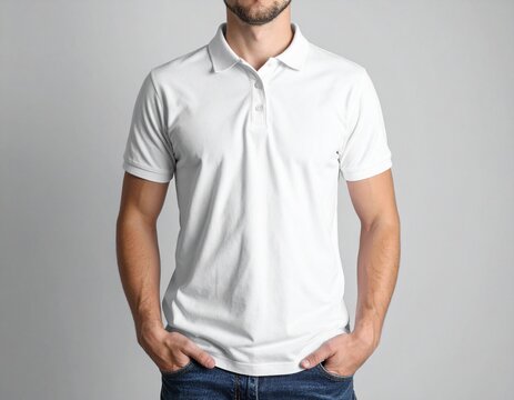 Close-up of a man wearing a crisp, blank white polo shirt, ideal for customization or casual summer fashion, against a neutral backdrop