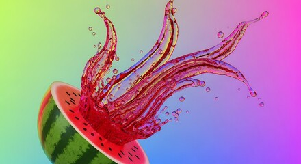 Juicy watermelon exploding with refreshing liquid against a vibrant gradient background