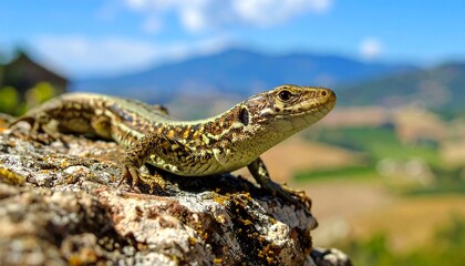 Naklejka premium Lizard basking on a rock, against a backdrop of rolling hills and blue sky on a sunny day