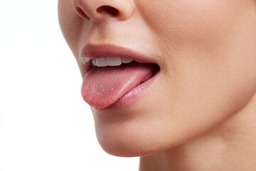 Obraz premium Asian female with pink tongue sticking out, close-up of mouth and lips