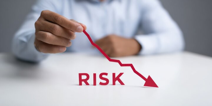Male hand pointing at red arrow indicating decrease in risk