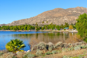 Lake Perris Marina with Rugged Mountain Backdrop