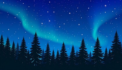 Fototapeta premium Northern Lights. Tall pine trees under the starry night sky with blue and green aurora borealis