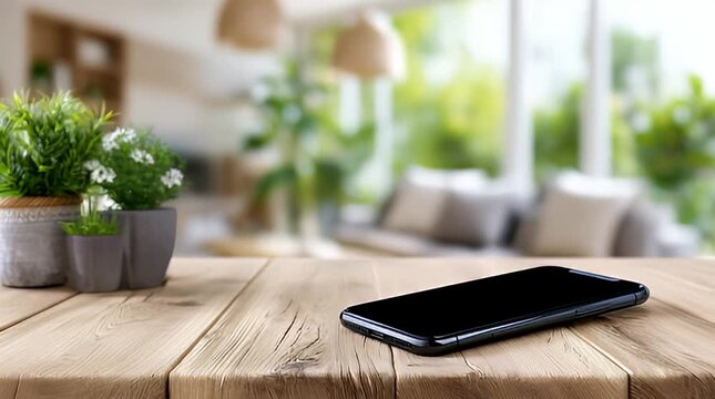 Smartphone auf Holztisch in hellem Wohnraum mit nat&uuml;rlichem Licht