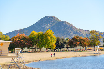 Cyclists Enjoying Lake Perris Beach in Autumn