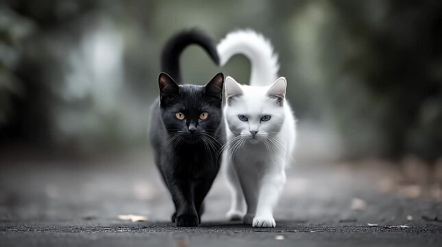 Schwarze und wei&szlig;e Katze gehen gemeinsam &ndash; Symbol f&uuml;r Harmonie und Gegens&auml;tze