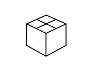 Isometric cube outline, top split into four squares. Black lines, white background. Geometric, minimalist