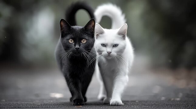 Schwarze und wei&szlig;e Katze gehen gemeinsam &ndash; Symbol f&uuml;r Harmonie und Gegens&auml;tze