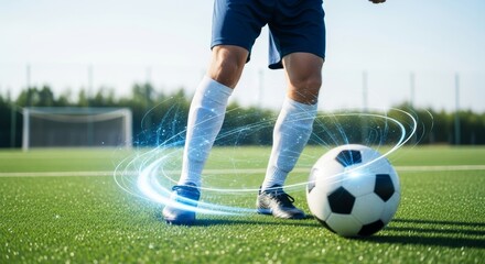 Male soccer player feet with digital light lines on a green field. Connected data and technology concept in sport, competition, and training.
