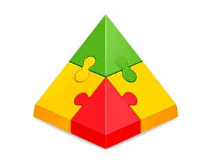 Isometric pyramid structure built from colorful puzzle pieces, isolated on white, with a playful cartoonish style