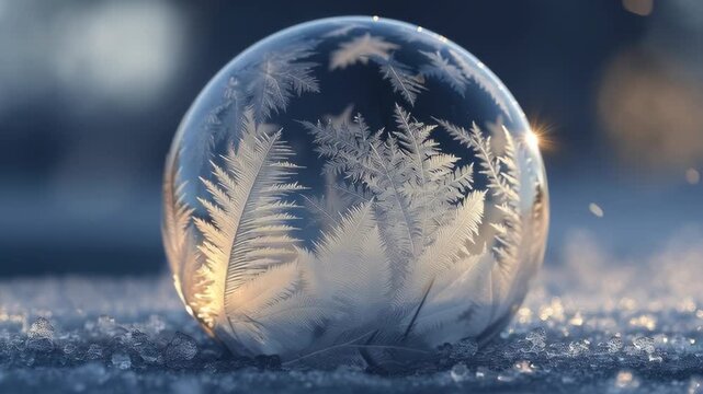 Transparent ice sphere with delicate frost patterns resting on snow, creating a calm winter concept of fragility beauty and frozen nature