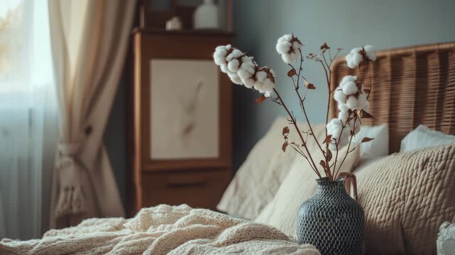 Soft lighting, fluffed blankets and textured bedding create a peaceful domestic atmosphere.