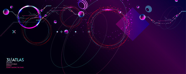 New Dark retro futuristic 3I ATLAS cyberpunk elements abstraction background cosmos synthwave vaporwave retrowave glitch circle with blue and pink glow