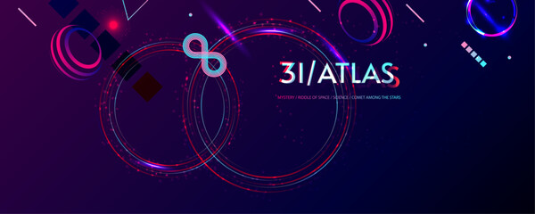 New Dark retro futuristic 3I ATLAS cyberpunk elements abstraction background cosmos synthwave vaporwave retrowave glitch circle with blue and pink glow