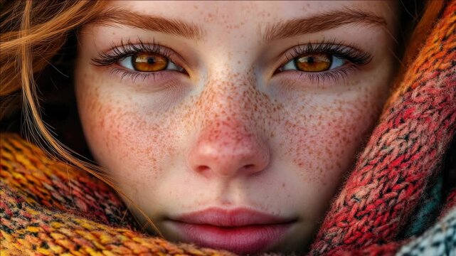 A close-up of a young woman's face, showing her red hair, freckled complexion and brown eyes.