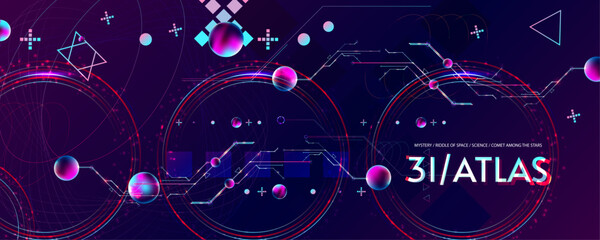 New Dark retro futuristic 3I ATLAS cyberpunk elements abstraction background cosmos synthwave vaporwave retrowave glitch circle with blue and pink glow